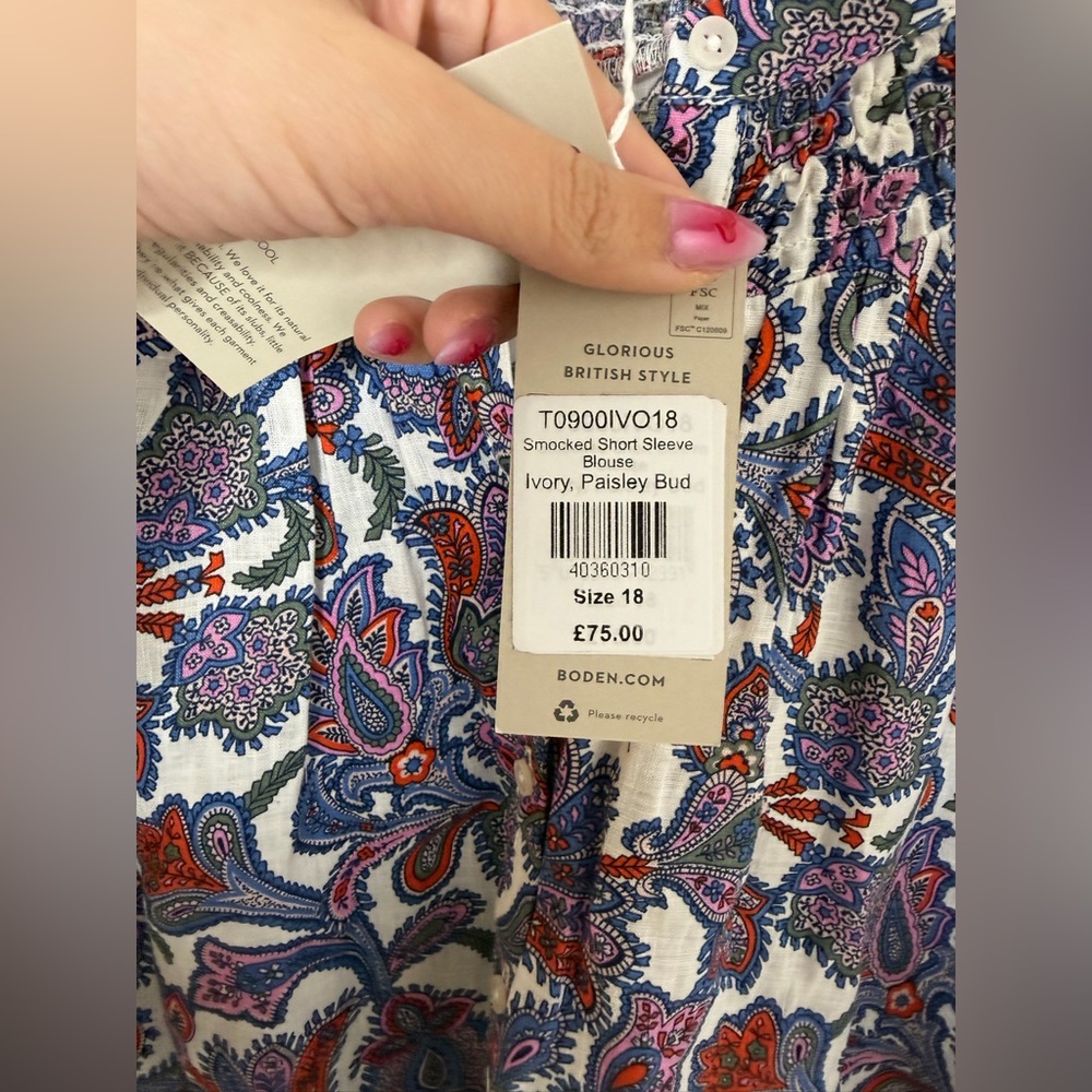 NWT Boden Ivory, Paisley Bud Smocked Short Sleeve Blouse Sz 14 - Picture 6 of 10